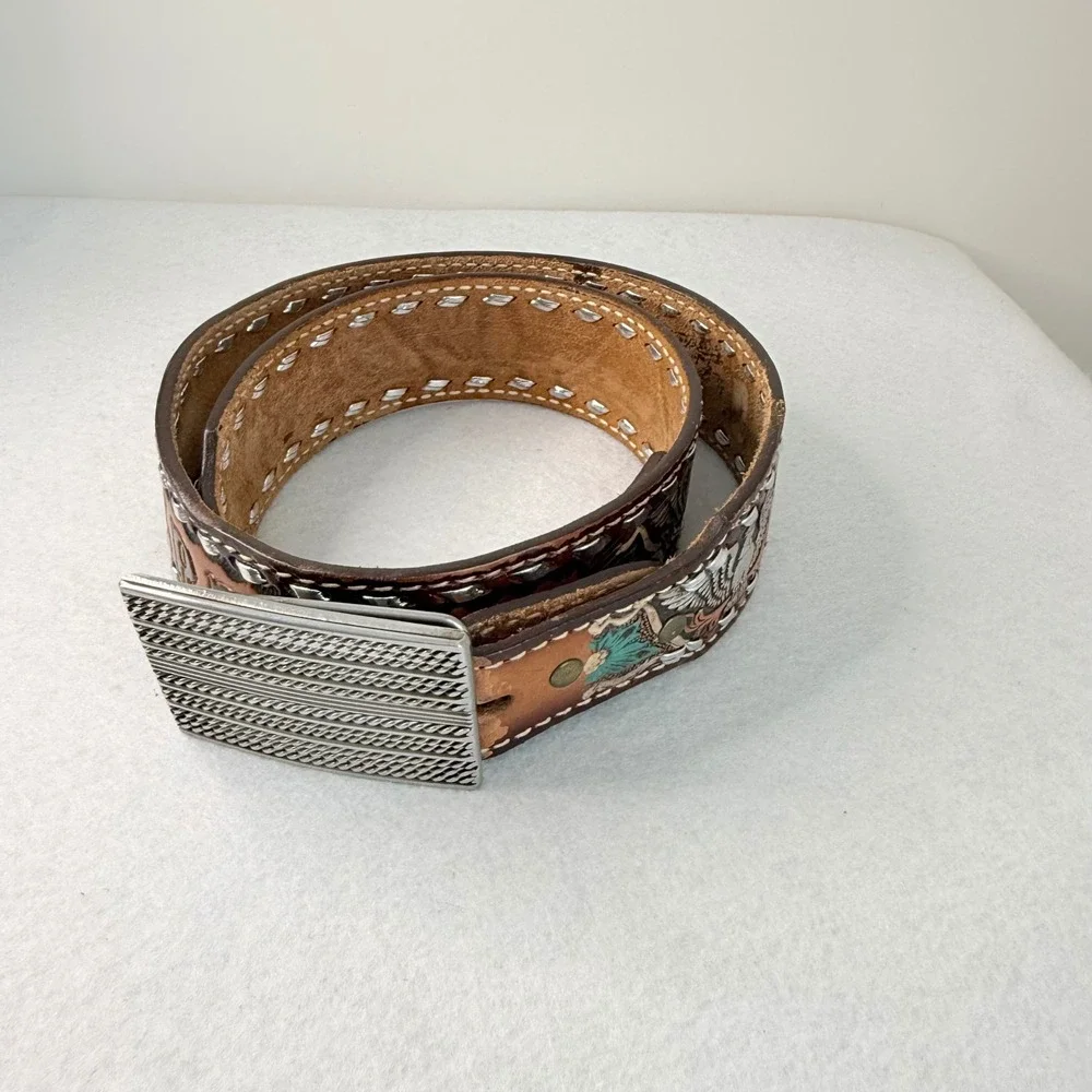 VTG Western Tooled Leather‎ Belt Eagle Floral Inlay Personalized Jerry Size 36